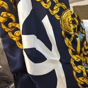CHANEL Navy, White & Gold Chain Motif Silk Scarf